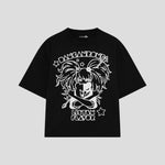 Playera streetwear premium de anime y gaming ExtraLife MX, corte boxy oversized drop shoulder heavyweight en color Deep Black y Off-White, moda urbana mexicana de culto.