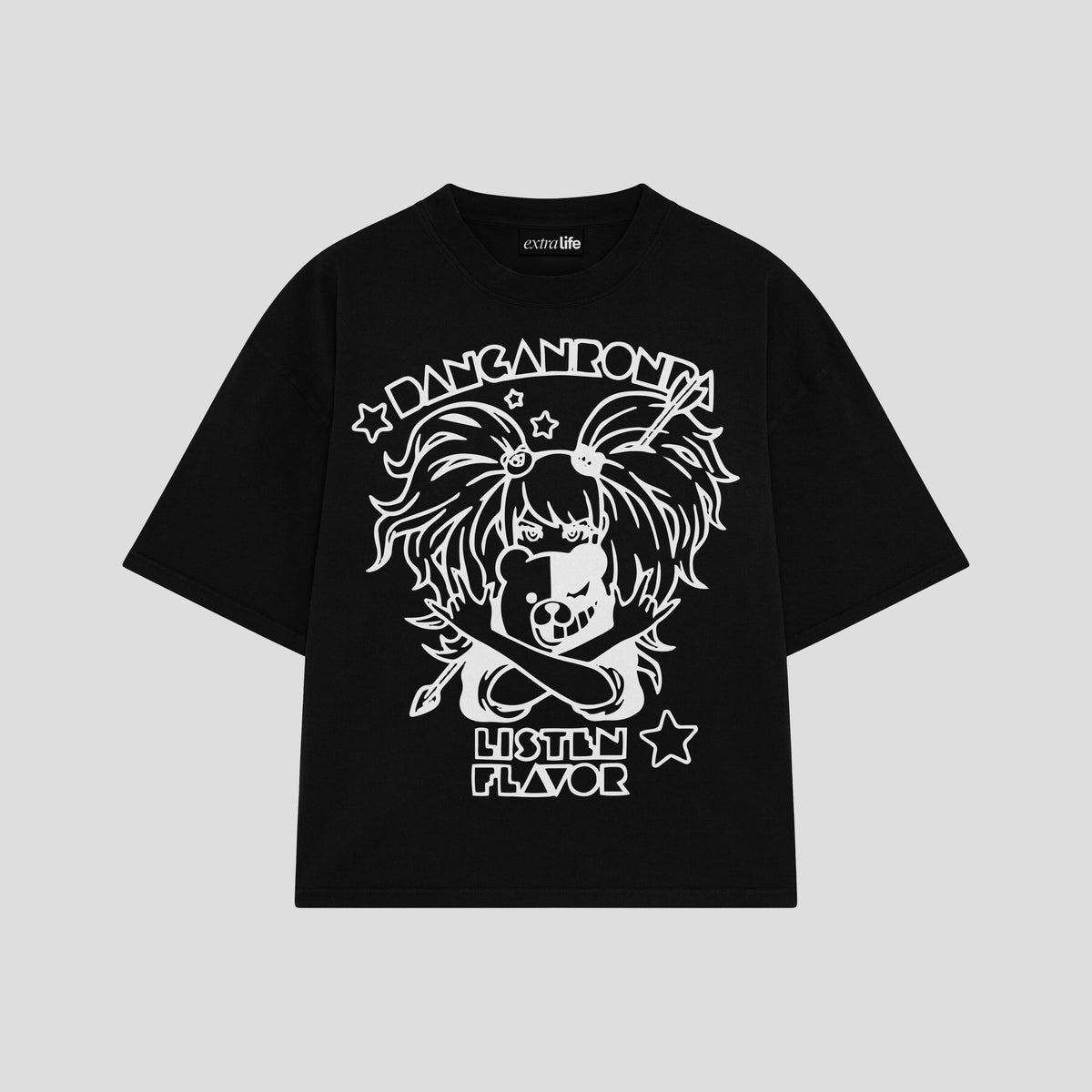 Playera streetwear premium de anime y gaming ExtraLife MX, corte oversized drop shoulder ligero y fresco en color Deep Black y Off-White, moda urbana mexicana de culto.