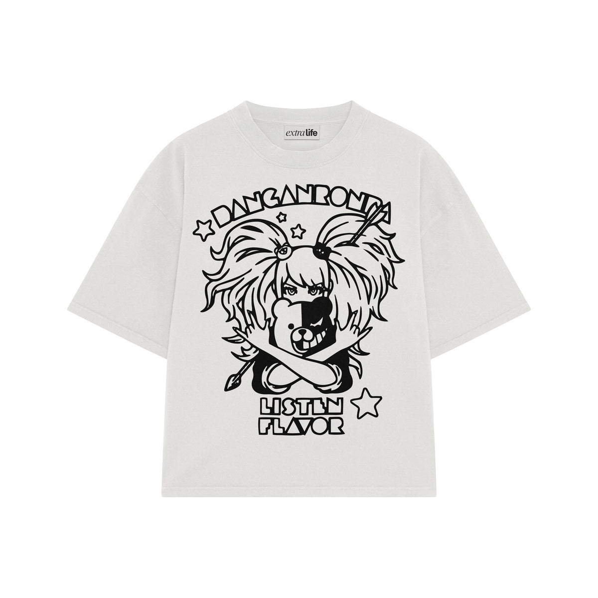 Playera streetwear premium de anime y gaming ExtraLife MX, corte oversized drop shoulder ligero y fresco en color Deep Black y Off-White, moda urbana mexicana de culto.