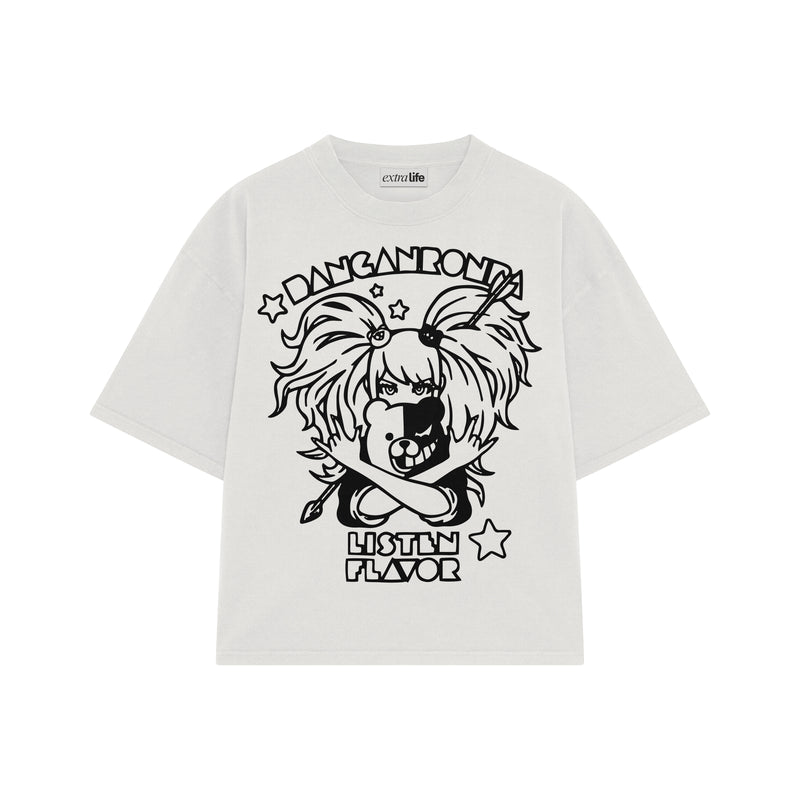 Playera streetwear premium de anime y gaming ExtraLife MX, corte boxy oversized drop shoulder heavyweight en color Deep Black y Off-White, moda urbana mexicana de culto.