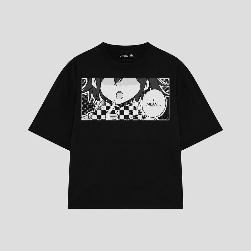 Playera streetwear premium de anime y gaming ExtraLife MX, corte boxy oversized drop shoulder heavyweight en color Deep Black y Off-White, moda urbana mexicana de culto.