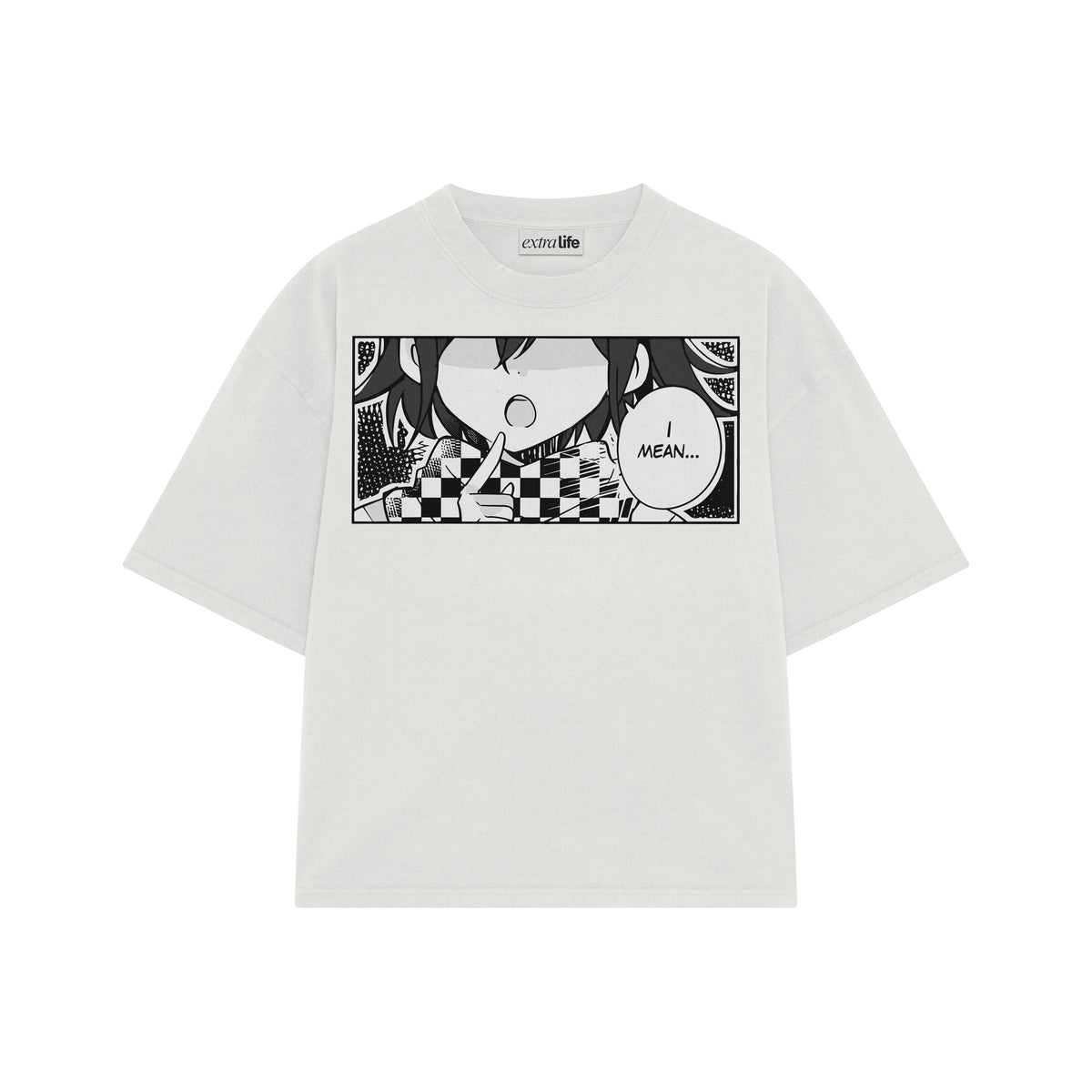 Playera streetwear premium de anime y gaming ExtraLife MX, corte oversized drop shoulder ligero y fresco en color Deep Black y Off-White, moda urbana mexicana de culto.