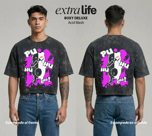 Playera streetwear premium de anime y gaming ExtraLife MX, corte boxy deluxe mineral wash heavyweight en color Acid Wash, moda urbana mexicana de culto.