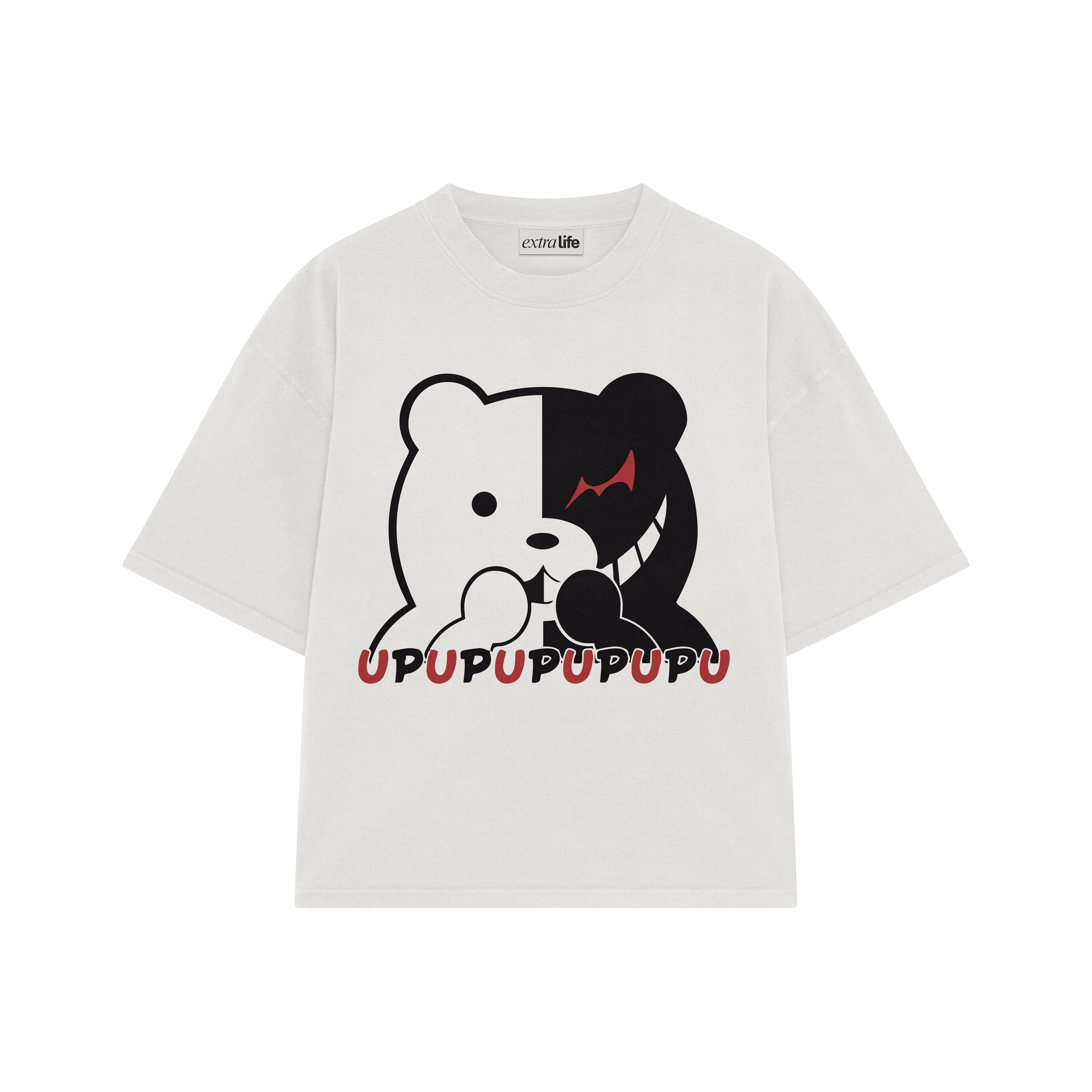 Playera streetwear premium de anime y gaming ExtraLife MX, corte boxy oversized drop shoulder heavyweight en color Deep Black y Off-White, moda urbana mexicana de culto.