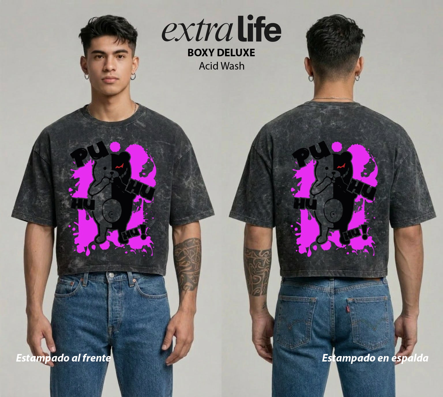 Playera streetwear premium de anime y gaming ExtraLife MX, corte boxy deluxe mineral wash heavyweight en color Acid Wash, moda urbana mexicana de culto.