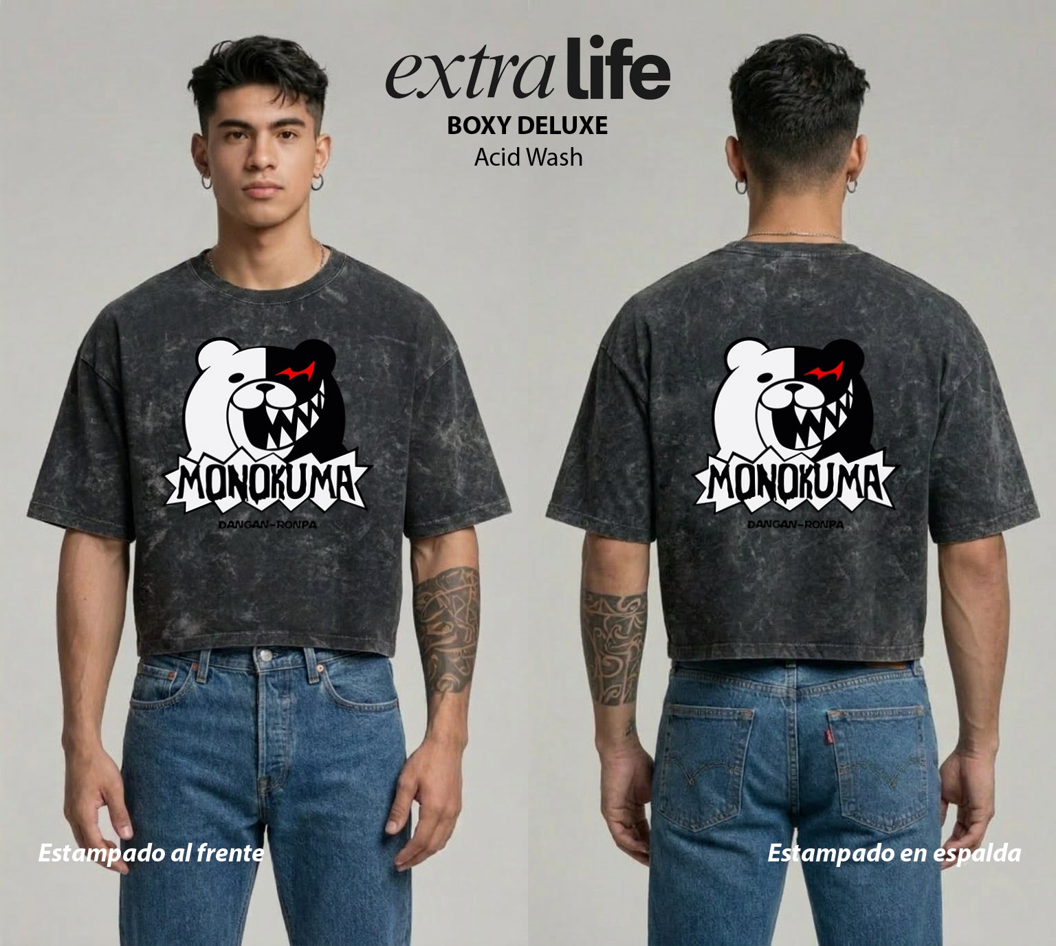 Playera streetwear premium de anime y gaming ExtraLife MX, corte boxy deluxe mineral wash heavyweight en color Acid Wash, moda urbana mexicana de culto.