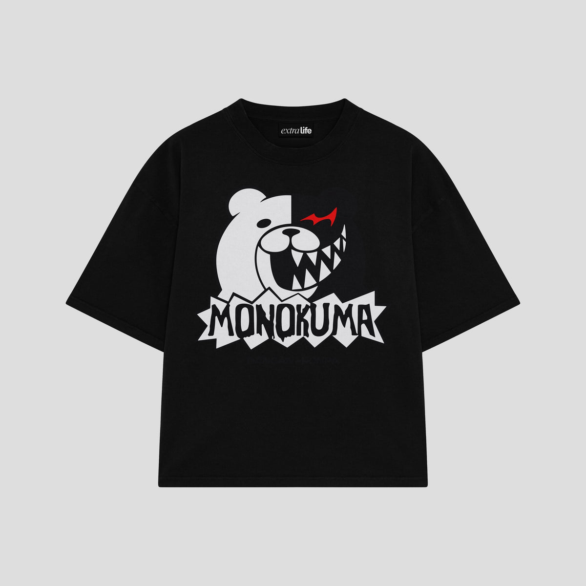 Playera streetwear premium de anime y gaming ExtraLife MX, corte oversized drop shoulder ligero y fresco en color Deep Black y Off-White, moda urbana mexicana de culto.