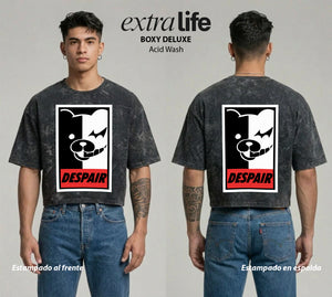 Playera streetwear premium de anime y gaming ExtraLife MX, corte boxy deluxe mineral wash heavyweight en color Acid Wash, moda urbana mexicana de culto.