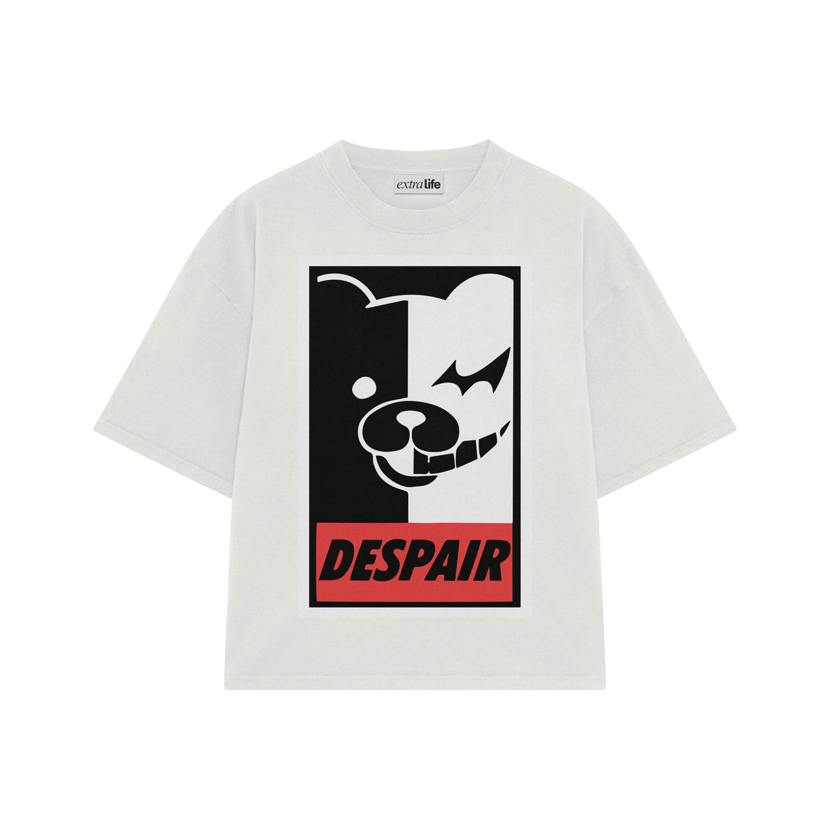 Playera streetwear premium de anime y gaming ExtraLife MX, corte oversized drop shoulder ligero y fresco en color Deep Black y Off-White, moda urbana mexicana de culto.