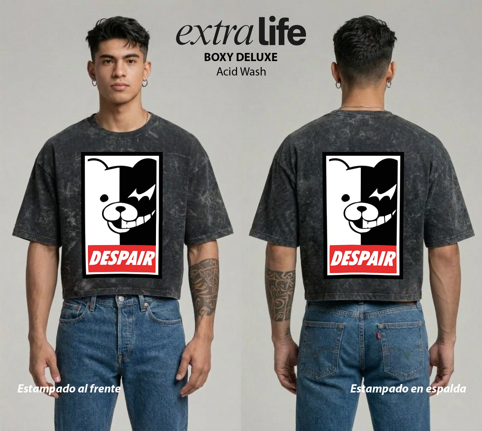Playera streetwear premium de anime y gaming ExtraLife MX, corte boxy deluxe mineral wash heavyweight en color Acid Wash, moda urbana mexicana de culto.