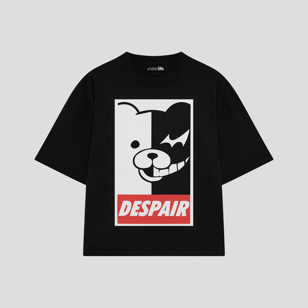 Playera streetwear premium de anime y gaming ExtraLife MX, corte oversized drop shoulder ligero y fresco en color Deep Black y Off-White, moda urbana mexicana de culto.