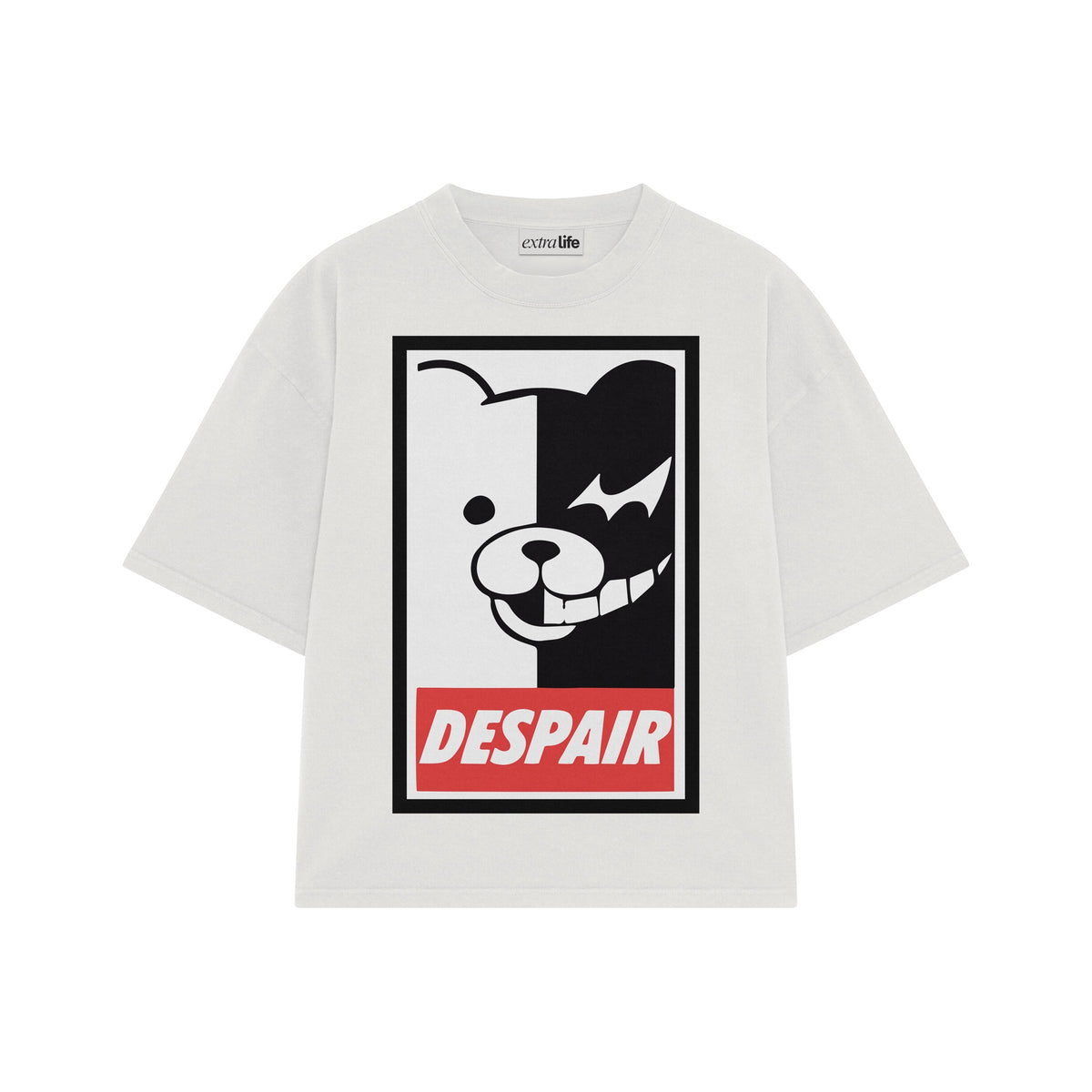 Playera streetwear premium de anime y gaming ExtraLife MX, corte oversized drop shoulder ligero y fresco en color Deep Black y Off-White, moda urbana mexicana de culto.