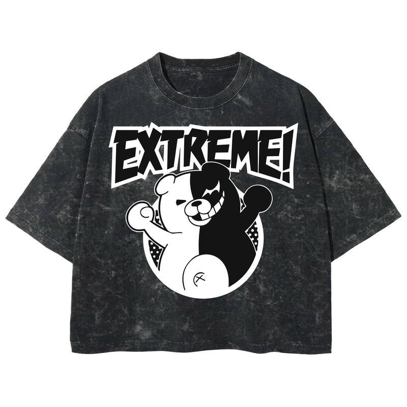 Playera streetwear premium de anime y gaming ExtraLife MX, corte boxy deluxe mineral wash heavyweight en color Acid Wash, moda urbana mexicana de culto.