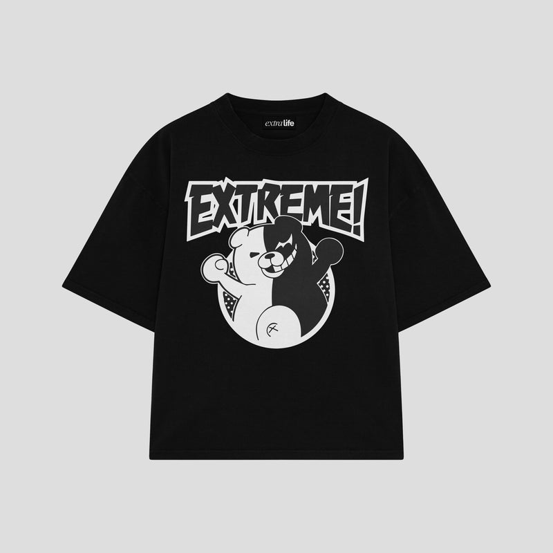 Playera streetwear premium de anime y gaming ExtraLife MX, corte boxy oversized drop shoulder heavyweight en color Deep Black y Off-White, moda urbana mexicana de culto.