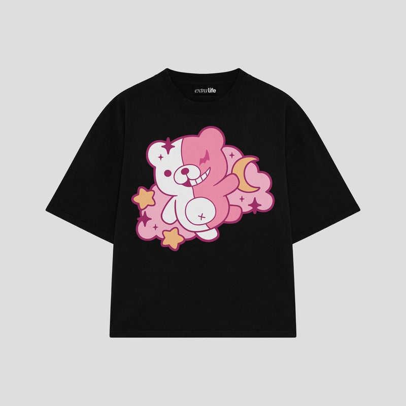 Playera streetwear premium de anime y gaming ExtraLife MX, corte boxy oversized drop shoulder heavyweight en color Deep Black y Off-White, moda urbana mexicana de culto.