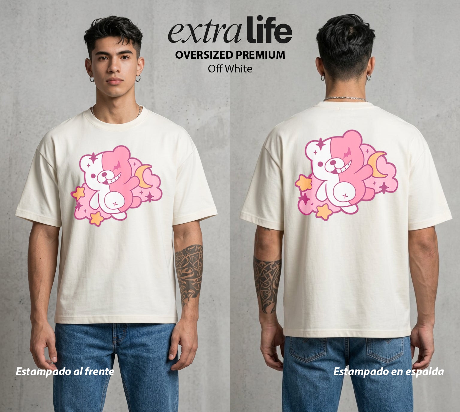 El Juicio Final Escolar | El Osito de la Desesperanza #00611 - Playera Oversized Premium | Off White - Foto en modelo