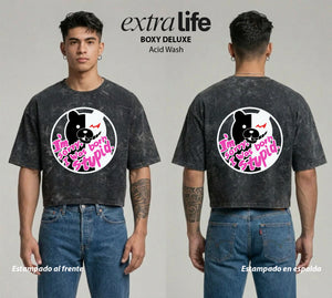 Playera streetwear premium de anime y gaming ExtraLife MX, corte boxy deluxe mineral wash heavyweight en color Acid Wash, moda urbana mexicana de culto.