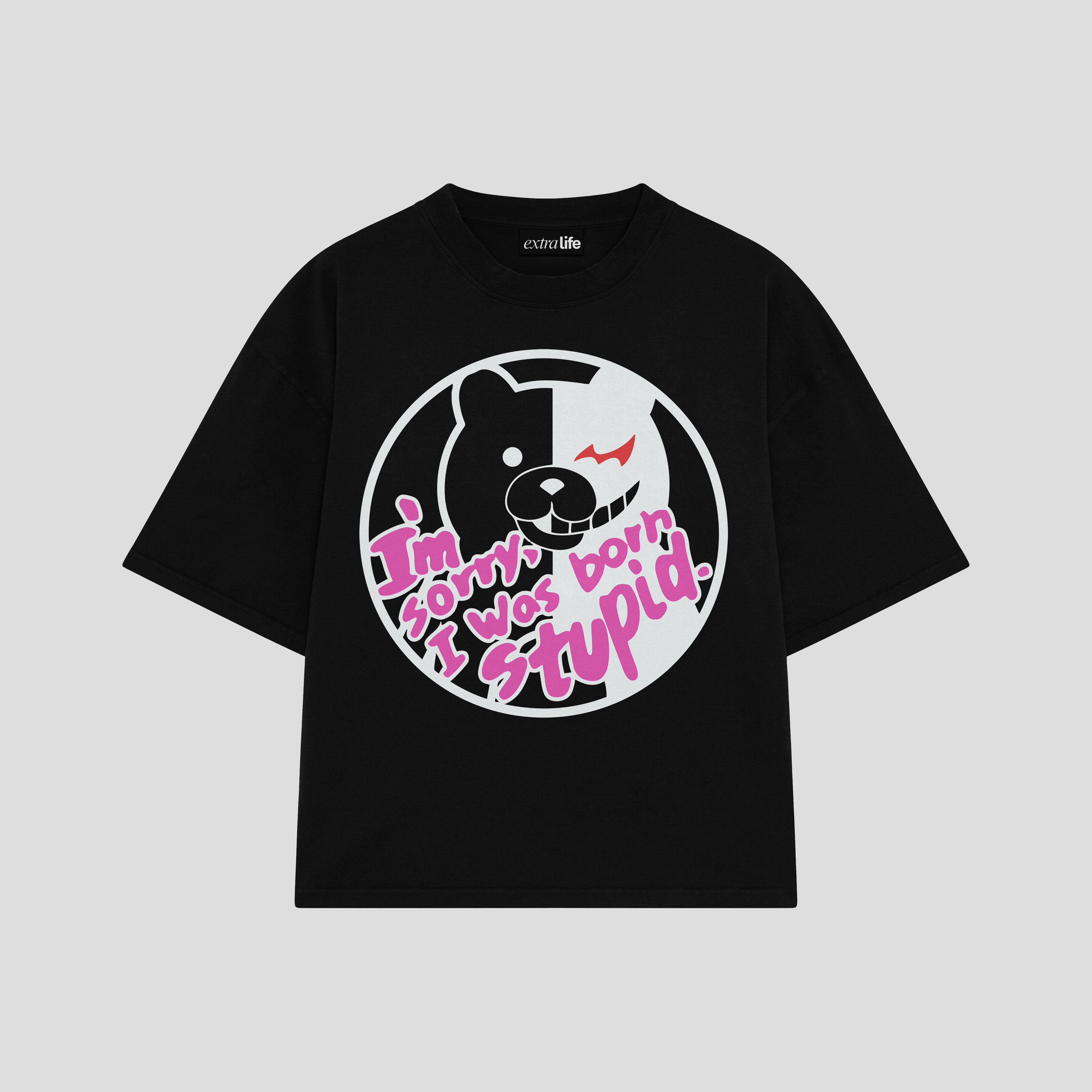 Playera streetwear premium de anime y gaming ExtraLife MX, corte boxy oversized drop shoulder heavyweight en color Deep Black y Off-White, moda urbana mexicana de culto.