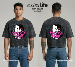 Playera streetwear premium de anime y gaming ExtraLife MX, corte boxy deluxe mineral wash heavyweight en color Acid Wash, moda urbana mexicana de culto.