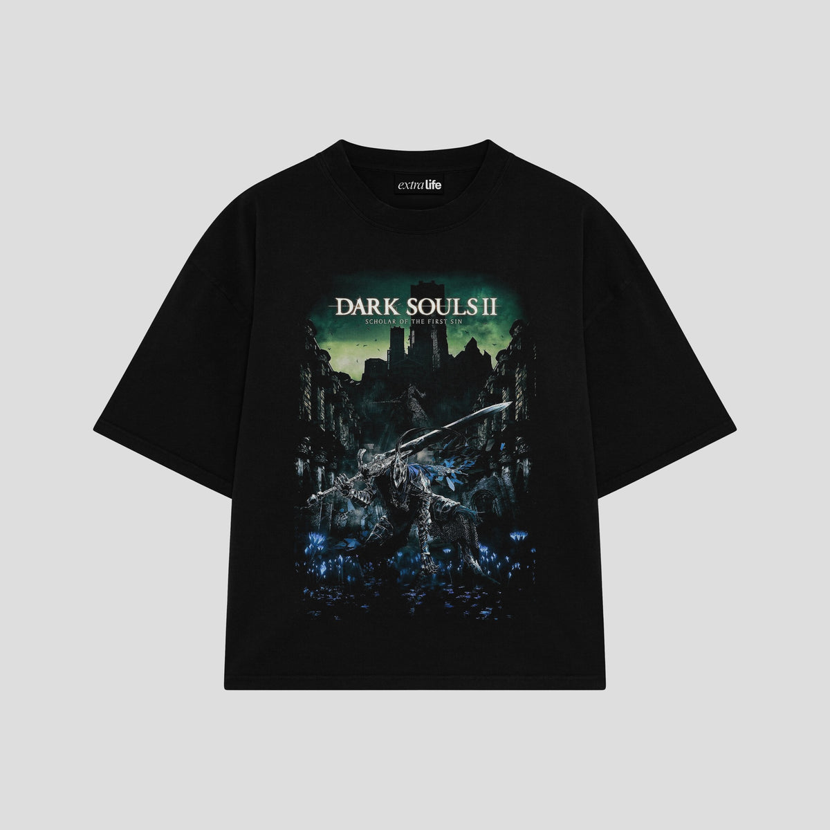 Playera streetwear premium de anime y gaming ExtraLife MX, corte oversized drop shoulder ligero y fresco en color Deep Black y Off-White, moda urbana mexicana de culto.