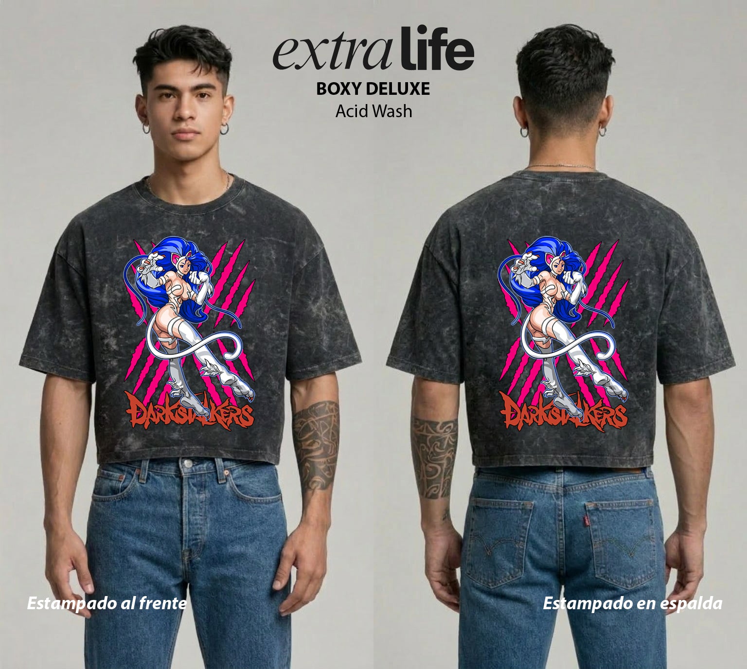 Playera streetwear premium de anime y gaming ExtraLife MX, corte boxy deluxe mineral wash heavyweight en color Acid Wash, moda urbana mexicana de culto.
