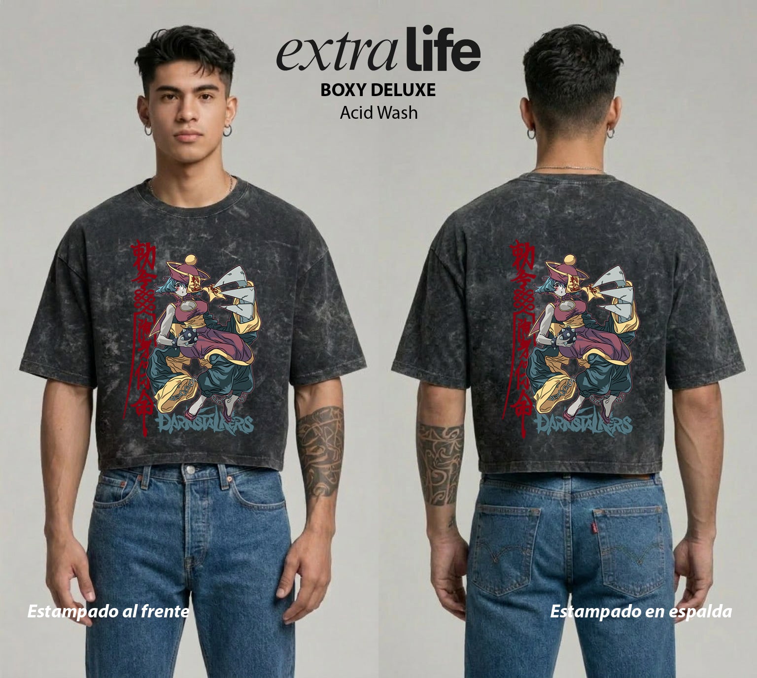 Playera streetwear premium de anime y gaming ExtraLife MX, corte boxy deluxe mineral wash heavyweight en color Acid Wash, moda urbana mexicana de culto.