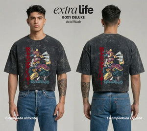 Playera streetwear premium de anime y gaming ExtraLife MX, corte boxy deluxe mineral wash heavyweight en color Acid Wash, moda urbana mexicana de culto.