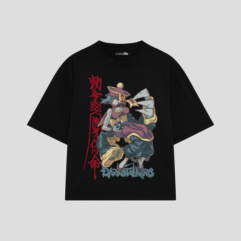 Playera streetwear premium de anime y gaming ExtraLife MX, corte boxy oversized drop shoulder heavyweight en color Deep Black y Off-White, moda urbana mexicana de culto.