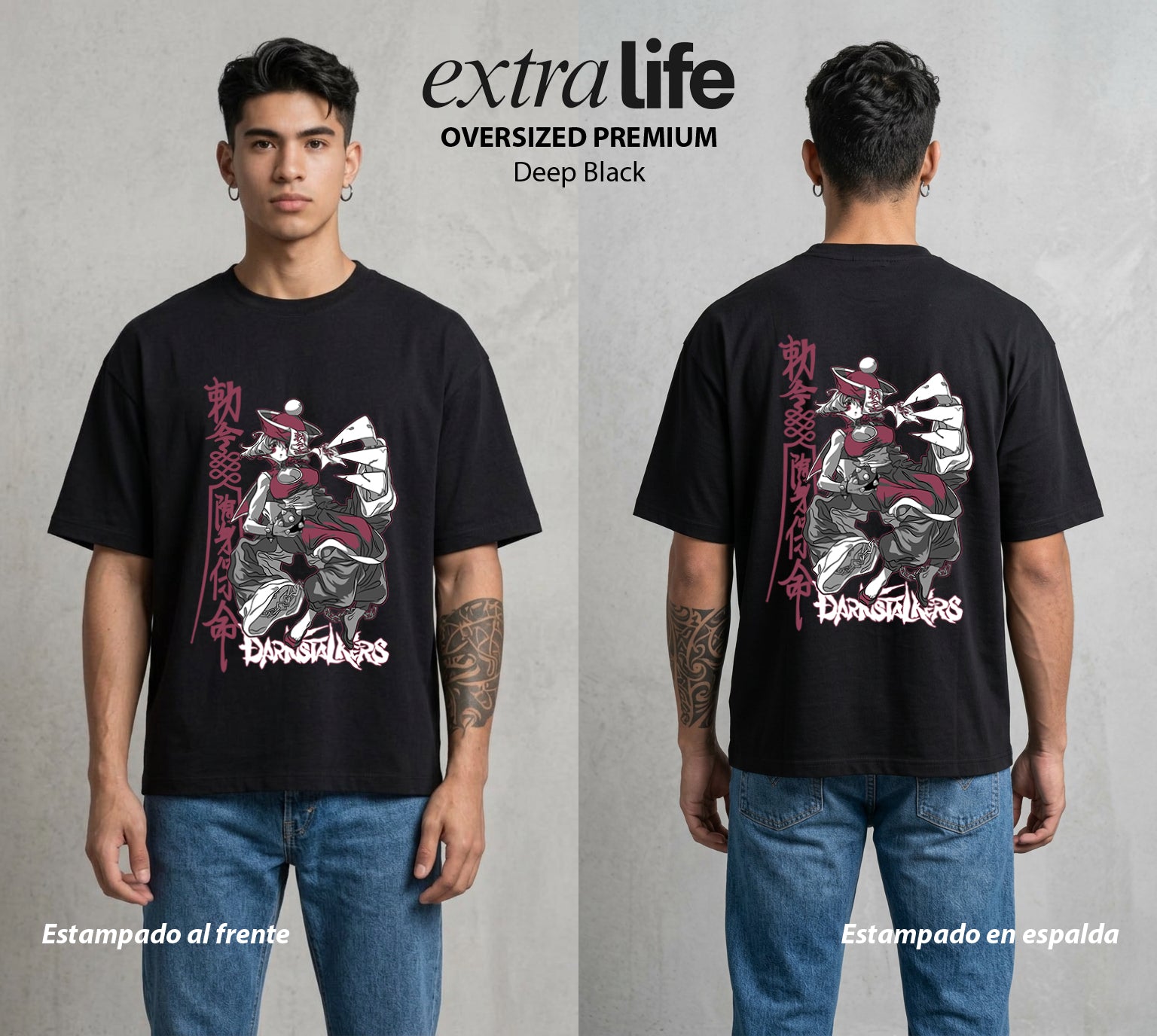La Noche de los Acechadores | Darkstalkers Hsien Ko #00620 - Playera Oversized Premium | Deep Black - Foto en modelo