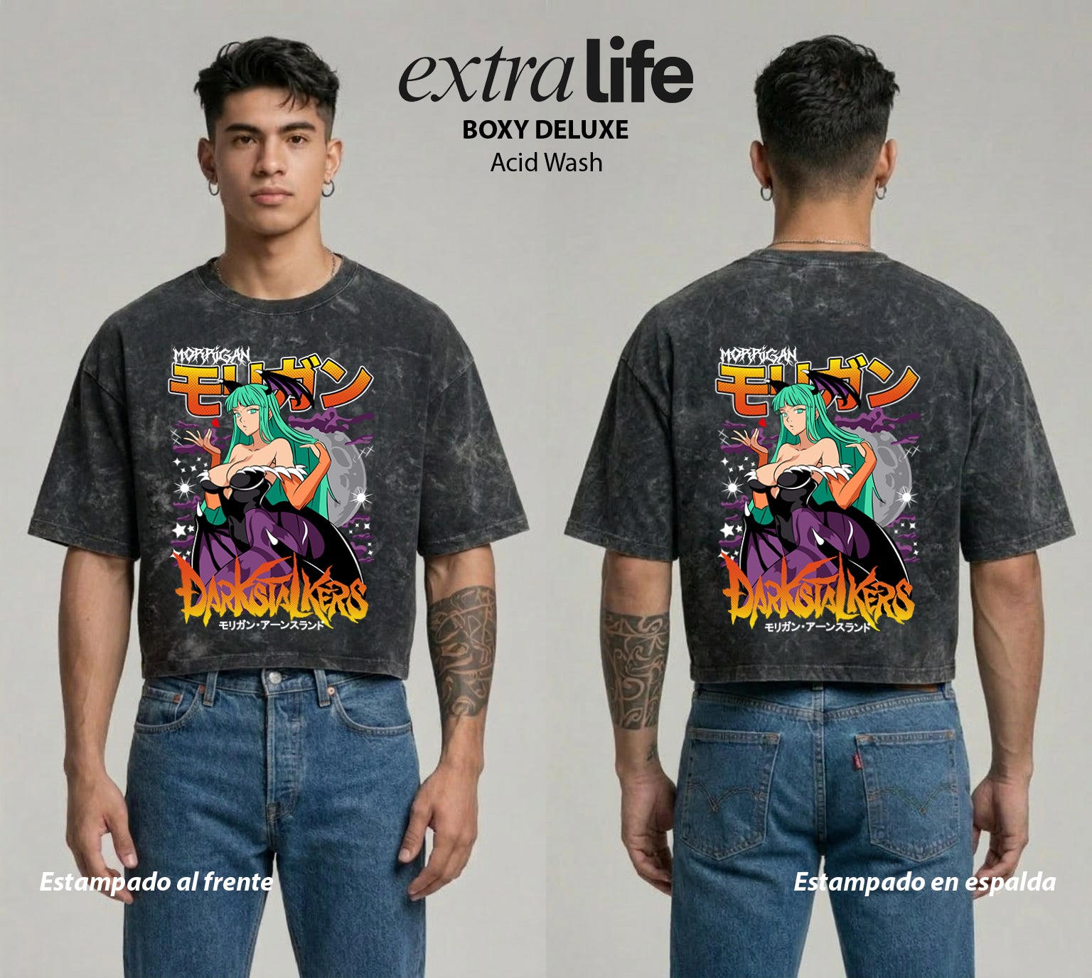 Playera streetwear premium de anime y gaming ExtraLife MX, corte boxy deluxe mineral wash heavyweight en color Acid Wash, moda urbana mexicana de culto.