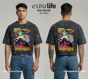 Playera streetwear premium de anime y gaming ExtraLife MX, corte boxy deluxe mineral wash heavyweight en color Acid Wash, moda urbana mexicana de culto.