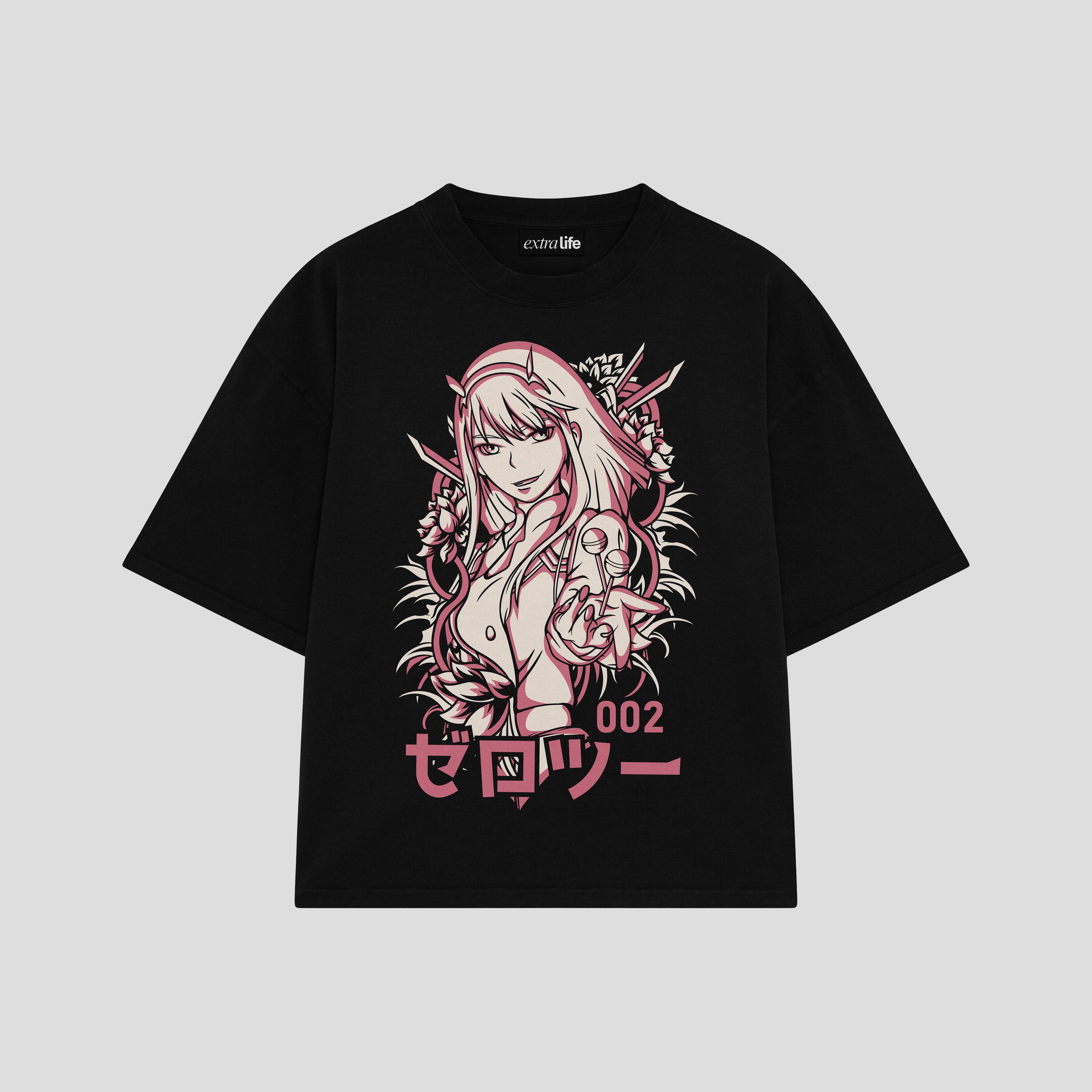 Playera streetwear premium de anime y gaming ExtraLife MX, corte boxy oversized drop shoulder heavyweight en color Deep Black y Off-White, moda urbana mexicana de culto.