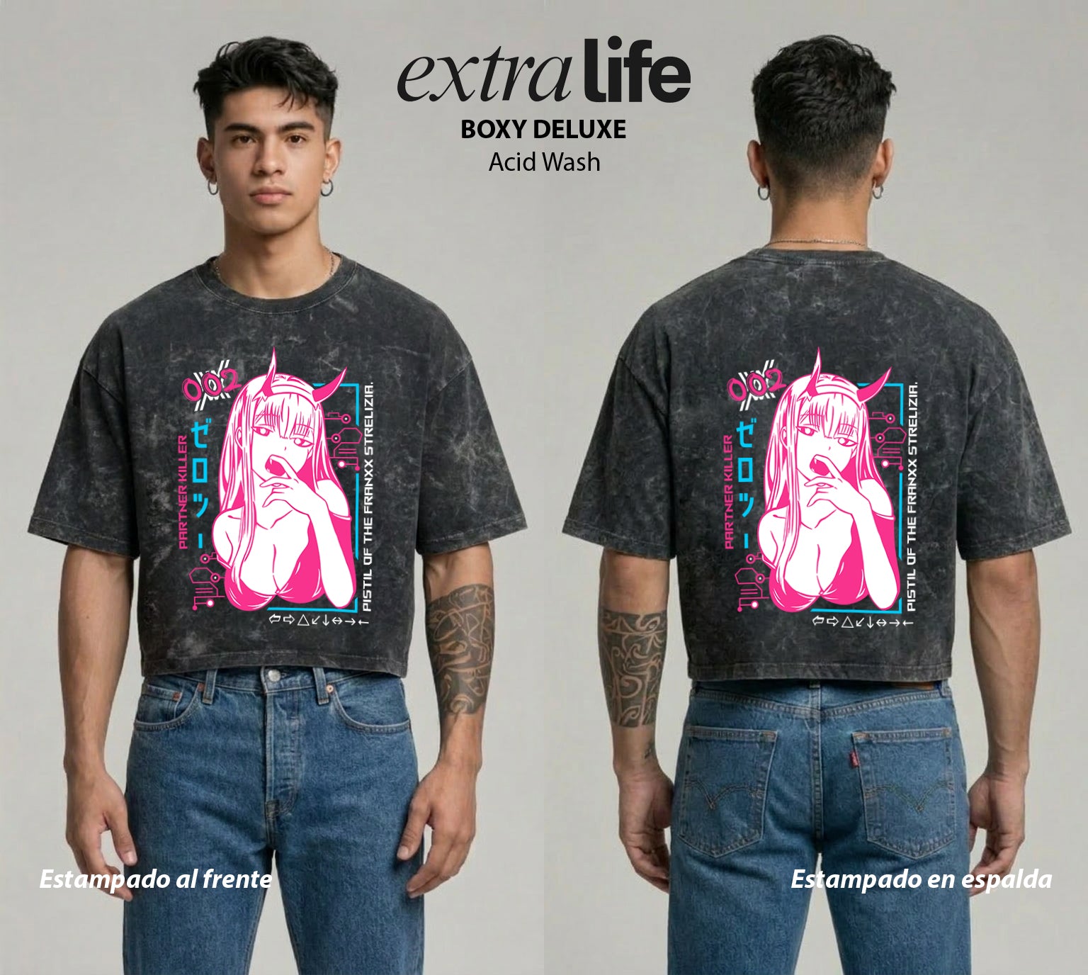 Playera streetwear premium de anime y gaming ExtraLife MX, corte boxy deluxe mineral wash heavyweight en color Acid Wash, moda urbana mexicana de culto.