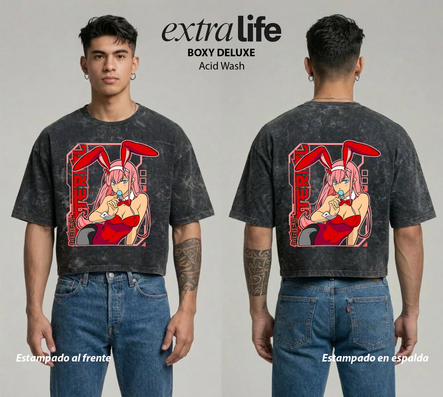 Playera streetwear premium de anime y gaming ExtraLife MX, corte boxy deluxe mineral wash heavyweight en color Acid Wash, moda urbana mexicana de culto.