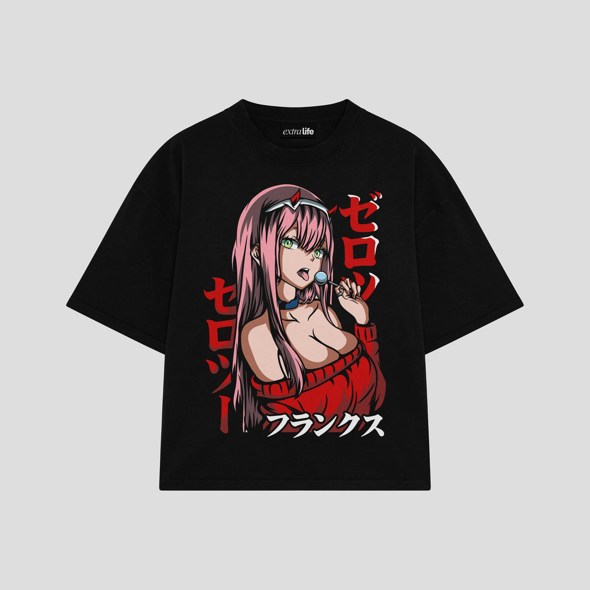 Playera streetwear premium de anime y gaming ExtraLife MX, corte oversized drop shoulder ligero y fresco en color Deep Black y Off-White, moda urbana mexicana de culto.