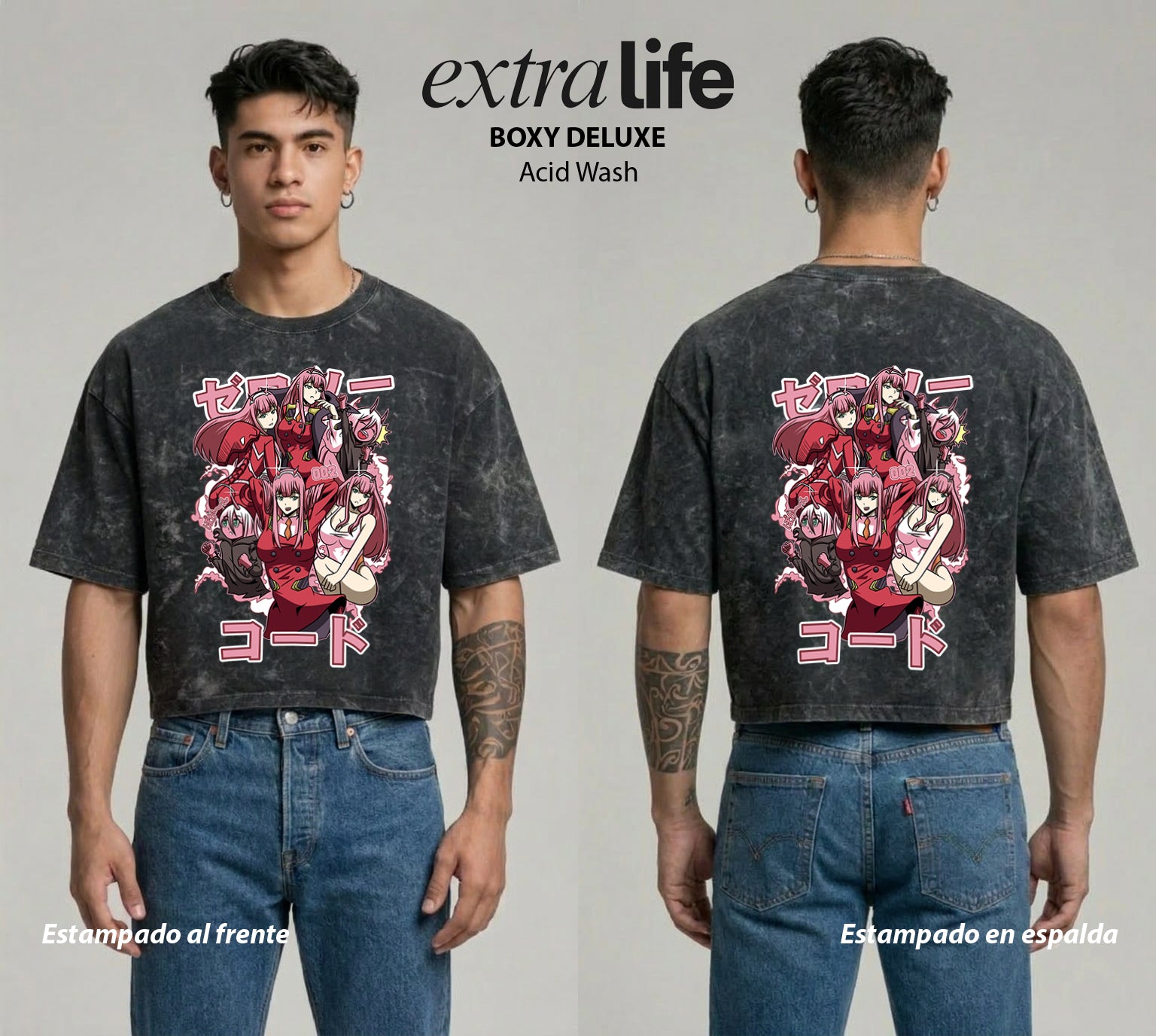 Playera streetwear premium de anime y gaming ExtraLife MX, corte boxy deluxe mineral wash heavyweight en color Acid Wash, moda urbana mexicana de culto.