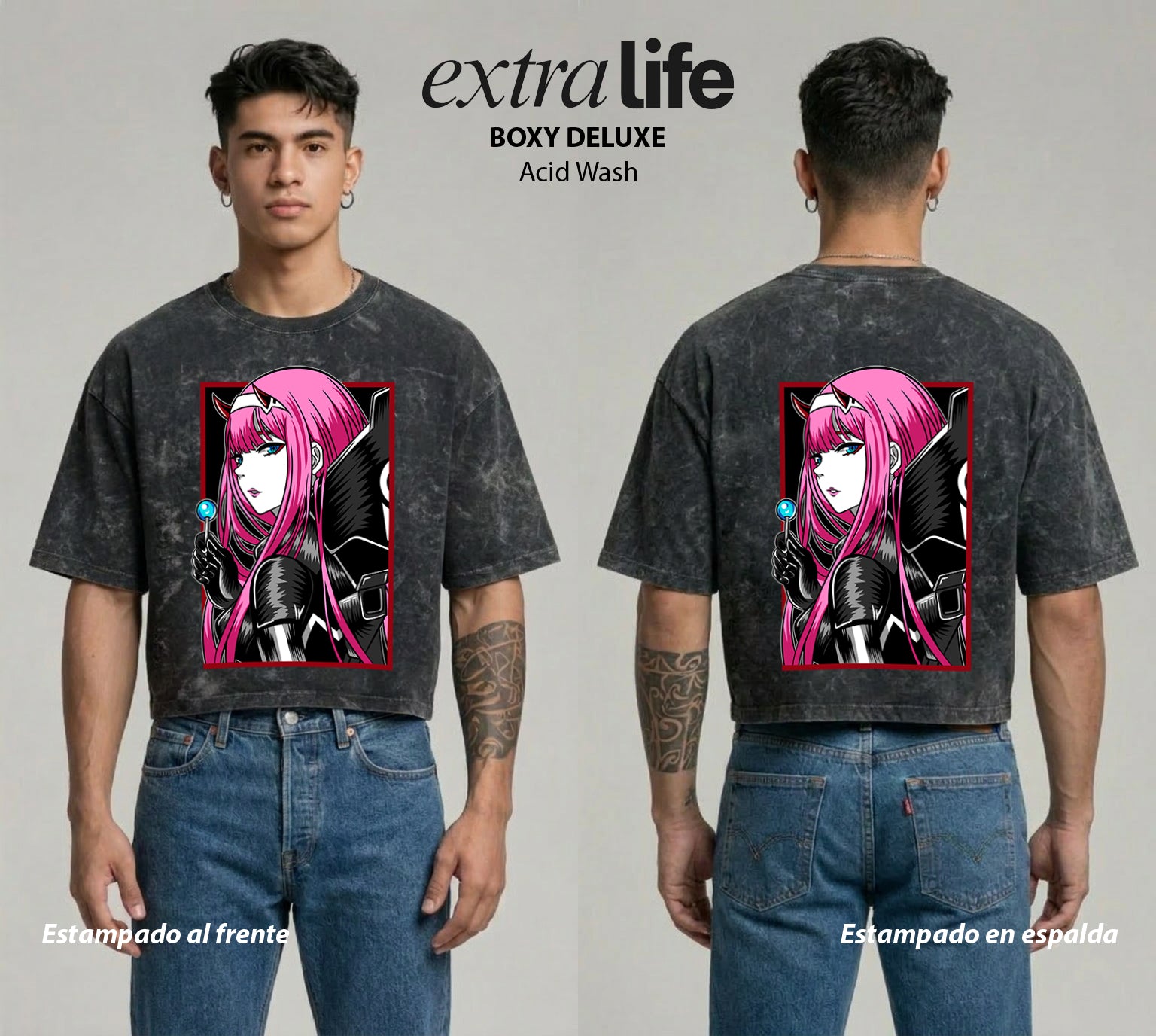 Playera streetwear premium de anime y gaming ExtraLife MX, corte boxy deluxe mineral wash heavyweight en color Acid Wash, moda urbana mexicana de culto.