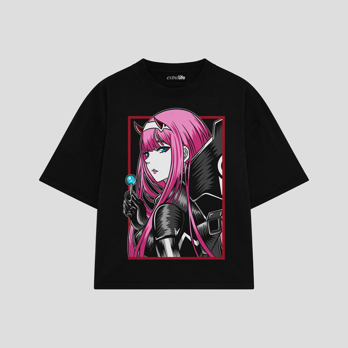 Playera streetwear premium de anime y gaming ExtraLife MX, corte oversized drop shoulder ligero y fresco en color Deep Black y Off-White, moda urbana mexicana de culto.