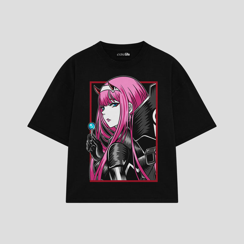 Playera streetwear premium de anime y gaming ExtraLife MX, corte boxy oversized drop shoulder heavyweight en color Deep Black y Off-White, moda urbana mexicana de culto.