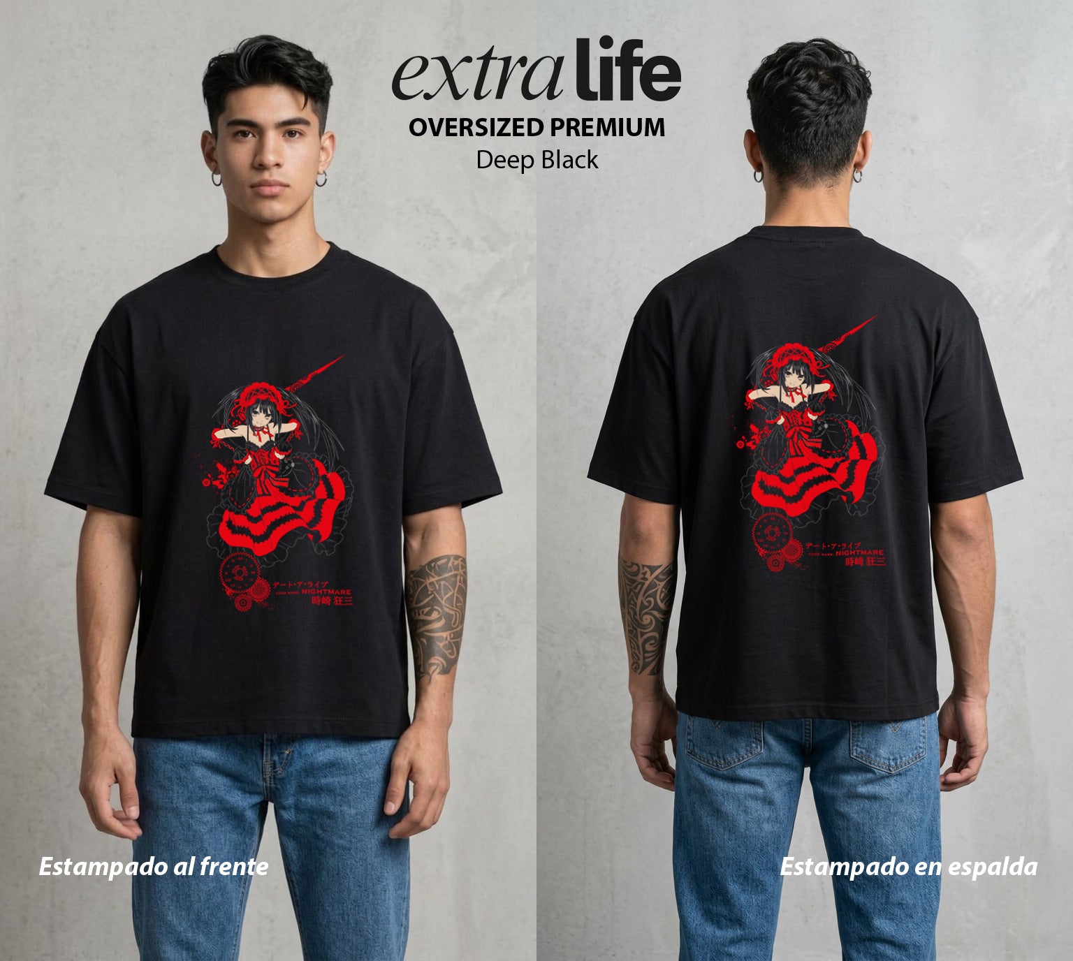 Los Espiritus del Tiempo | Date A Live #00636 - Playera Oversized Premium | Deep Black - Foto en modelo
