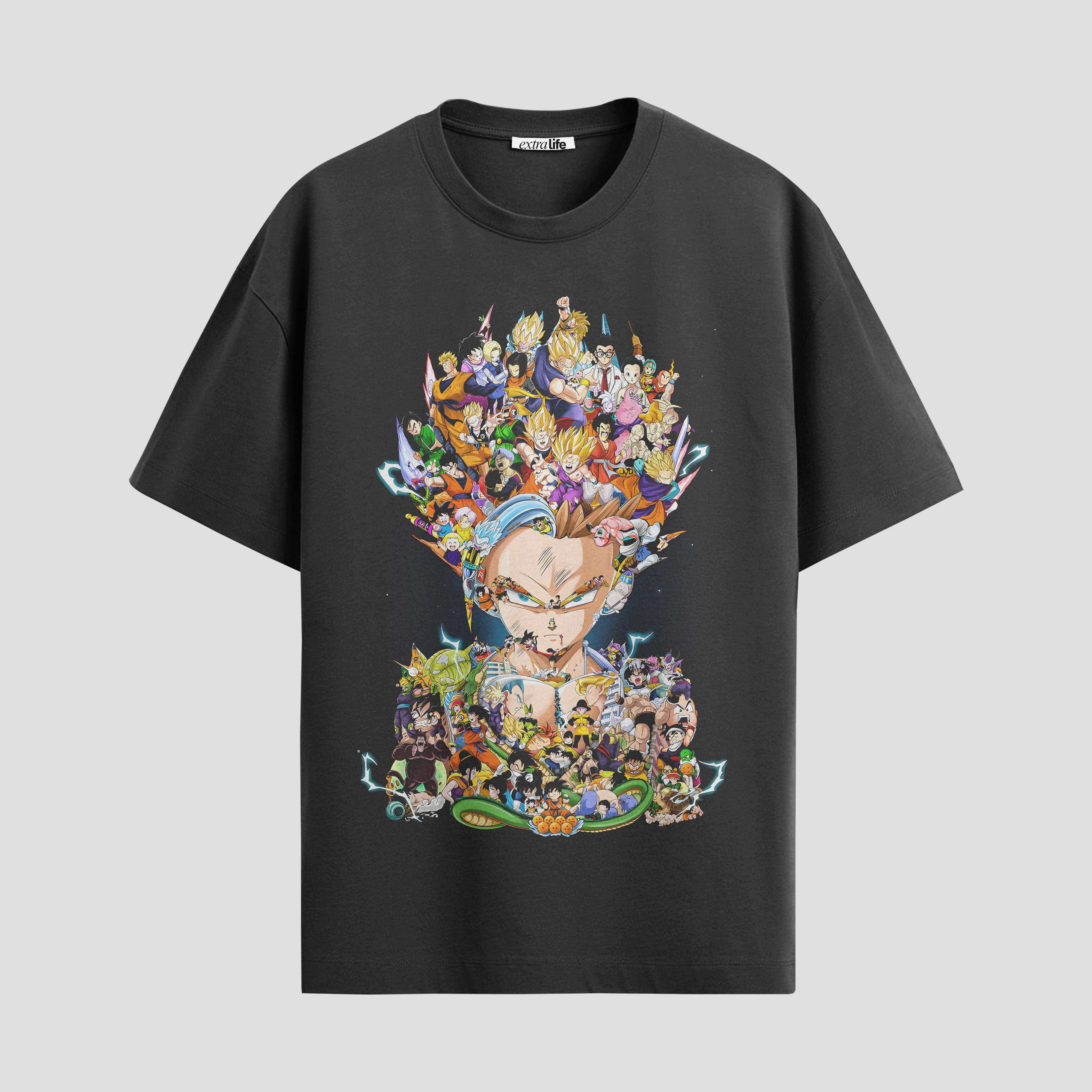 Playera urbana de anime y gaming ExtraLife MX, corte Standard Fit unisex ligero y transpirable en color Deep Black y Pure White, ropa de uso diario para gym y casual.