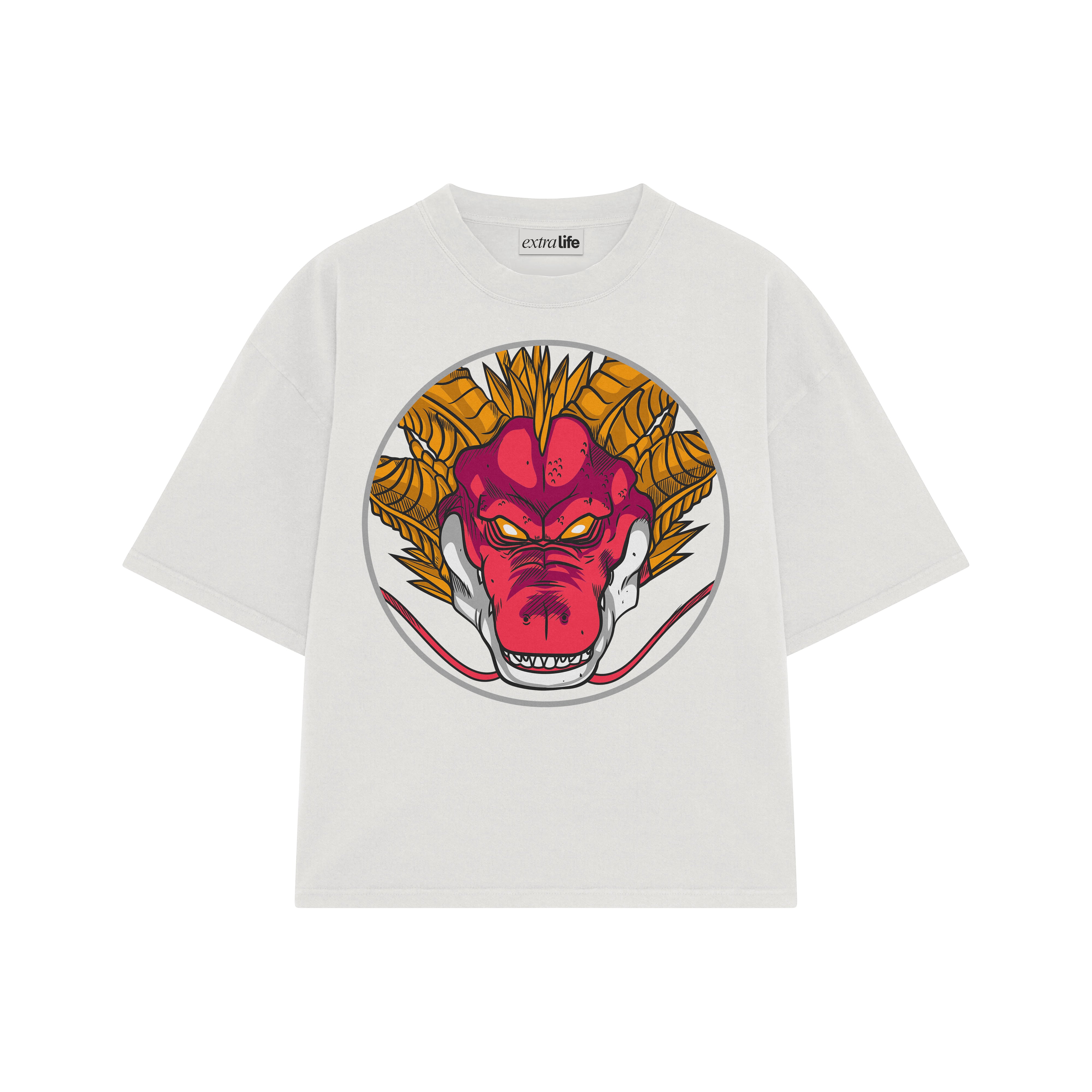 Playera streetwear premium de anime y gaming ExtraLife MX, corte boxy oversized drop shoulder heavyweight en color Deep Black y Off-White, moda urbana mexicana de culto.
