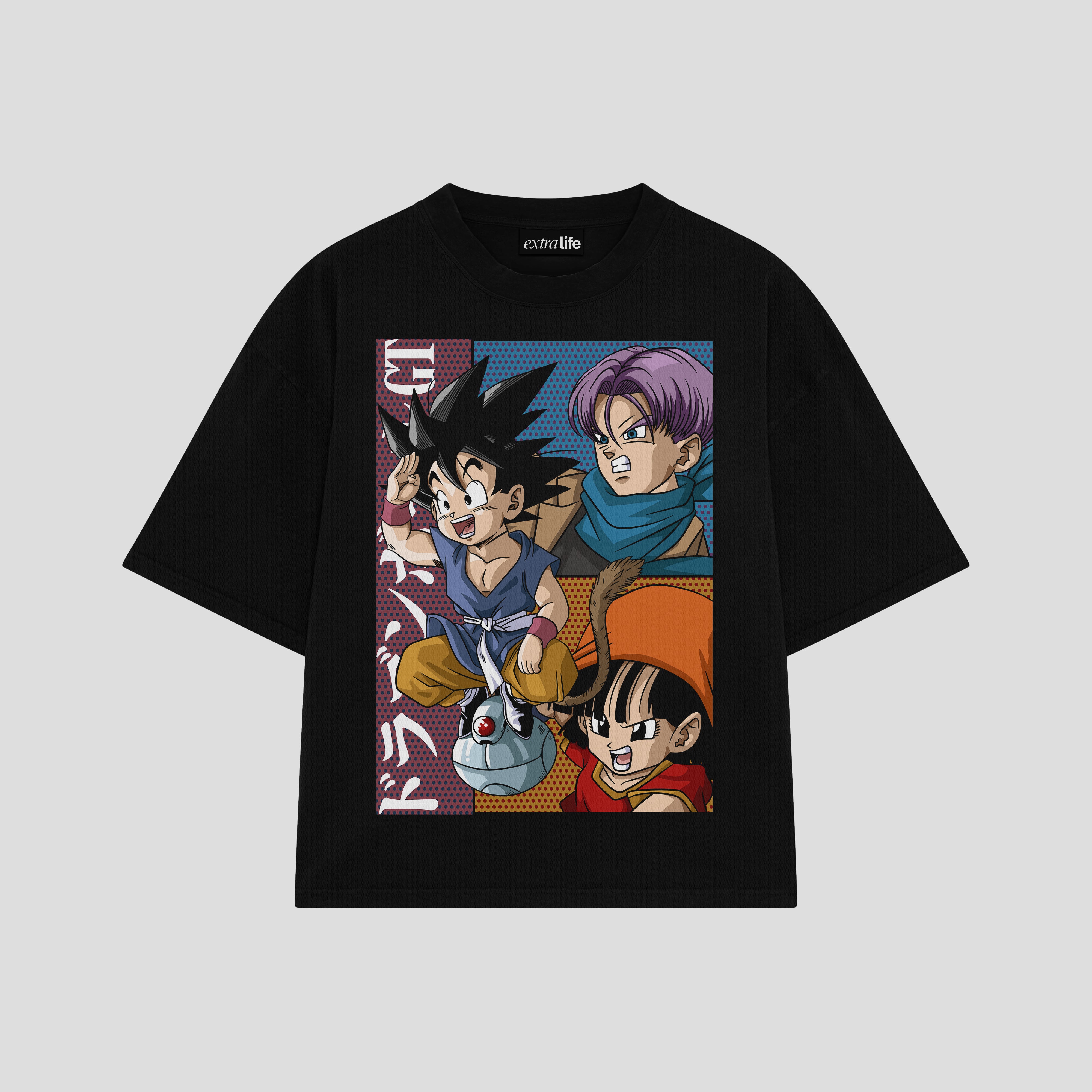 Playera streetwear premium de anime y gaming ExtraLife MX, corte boxy oversized drop shoulder heavyweight en color Deep Black y Off-White, moda urbana mexicana de culto.