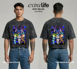 Playera streetwear premium de anime y gaming ExtraLife MX, corte boxy deluxe mineral wash heavyweight en color Acid Wash, moda urbana mexicana de culto.