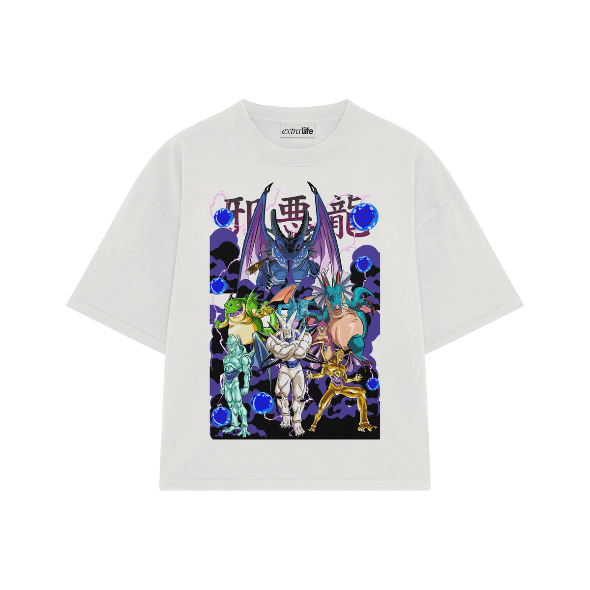 Playera streetwear premium de anime y gaming ExtraLife MX, corte oversized drop shoulder ligero y fresco en color Deep Black y Off-White, moda urbana mexicana de culto.