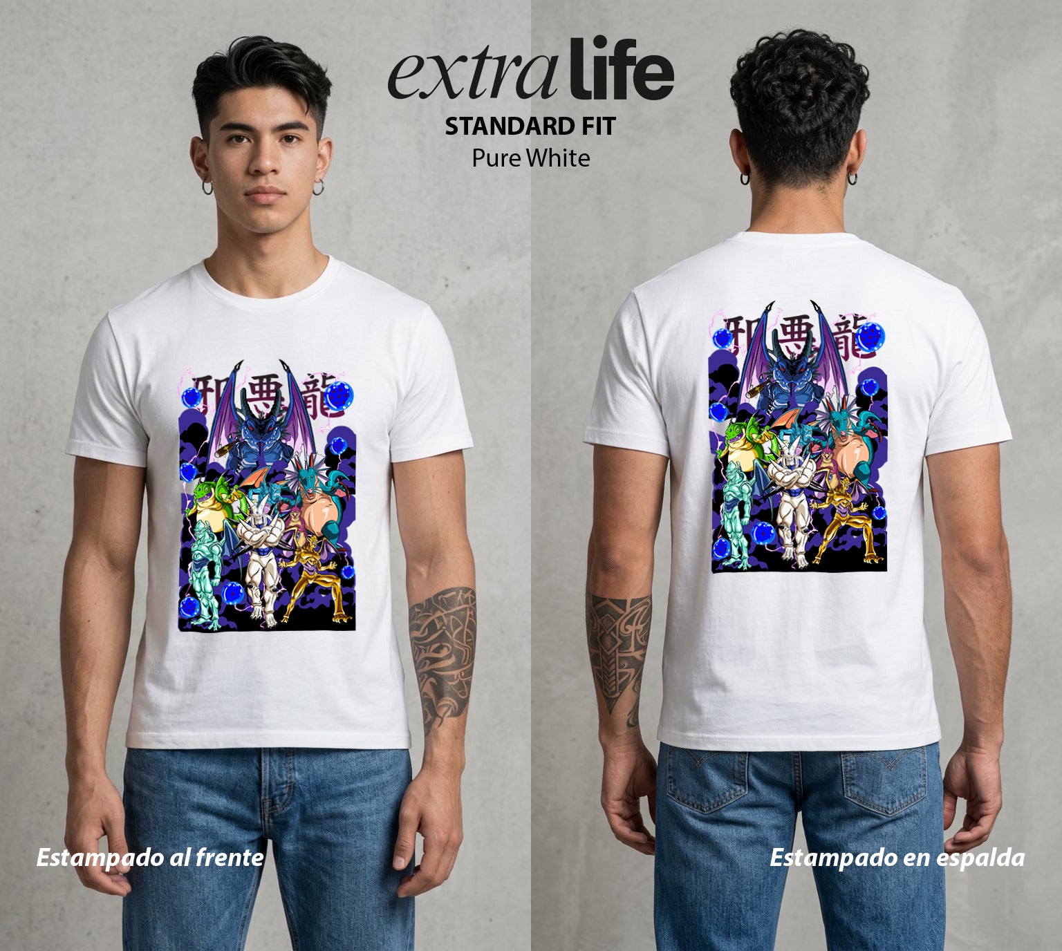 El Poder de las Esferas | Los Dragones Negativos #00647 - Playera Standard Fit | Pure White - Foto en modelo