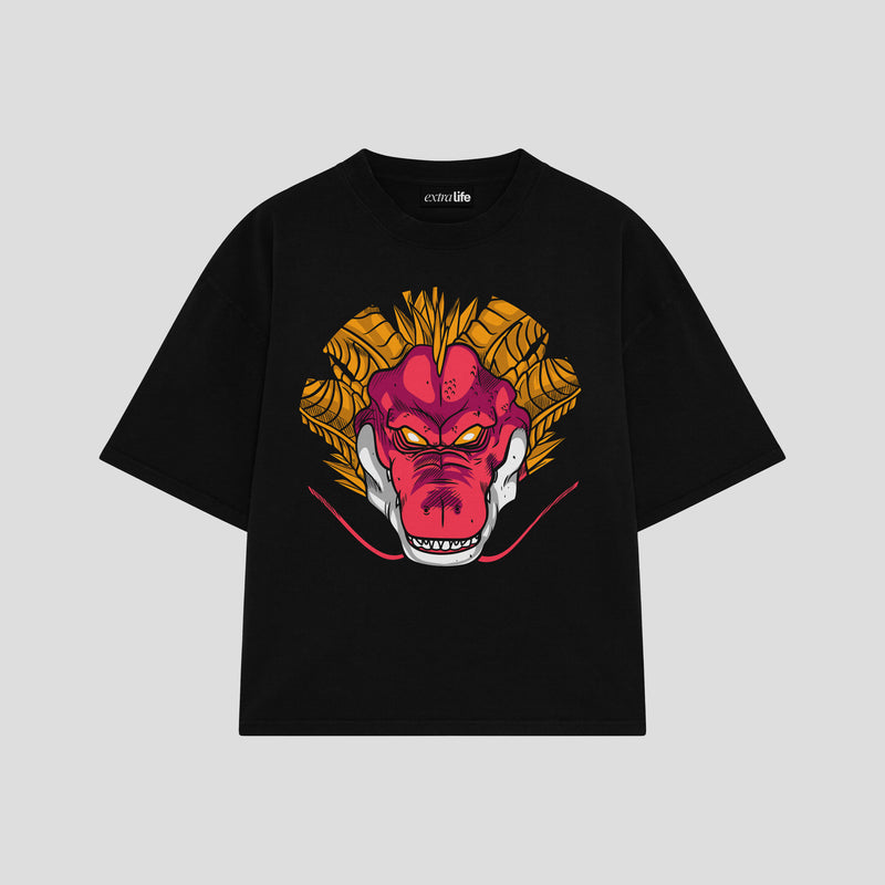 Playera streetwear premium de anime y gaming ExtraLife MX, corte boxy oversized drop shoulder heavyweight en color Deep Black y Off-White, moda urbana mexicana de culto.