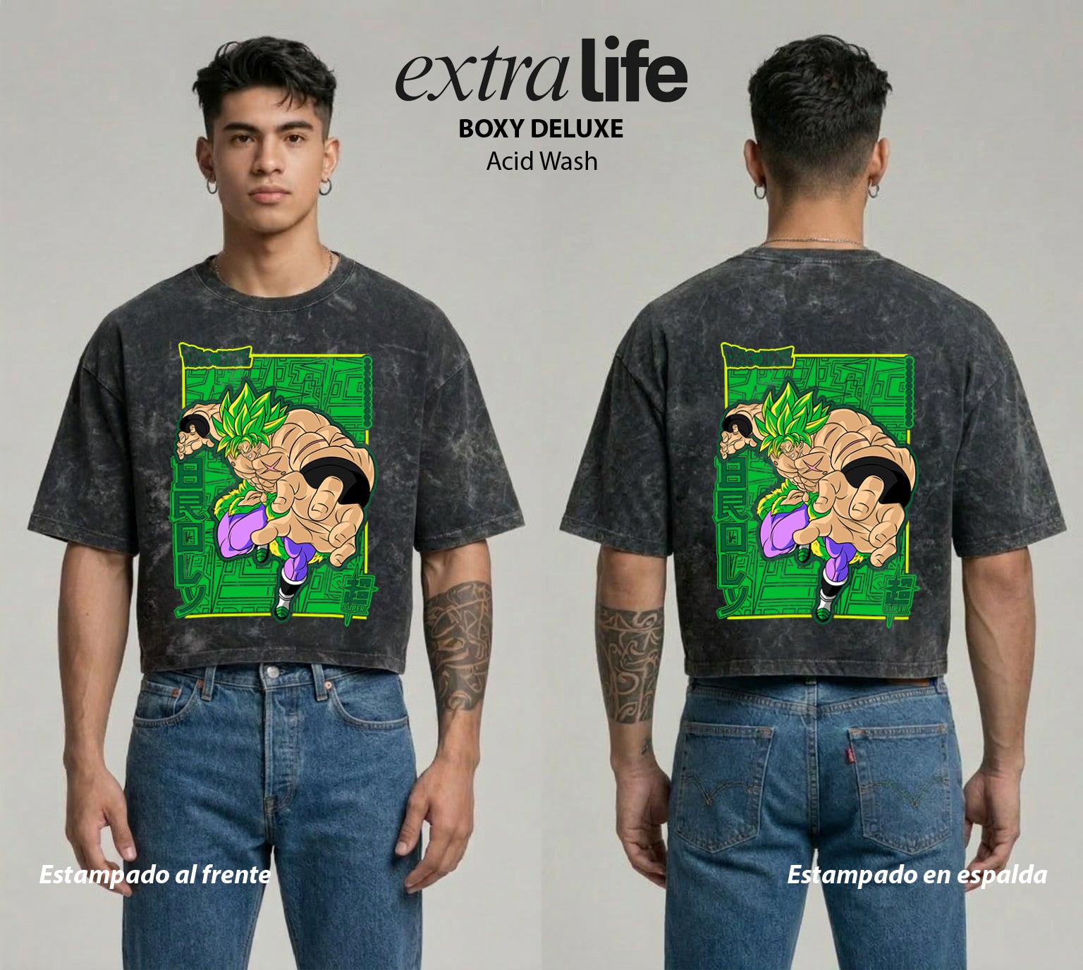 Playera streetwear premium de anime y gaming ExtraLife MX, corte boxy deluxe mineral wash heavyweight en color Acid Wash, moda urbana mexicana de culto.