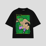 Playera streetwear premium de anime y gaming ExtraLife MX, corte boxy oversized drop shoulder heavyweight en color Deep Black y Off-White, moda urbana mexicana de culto.