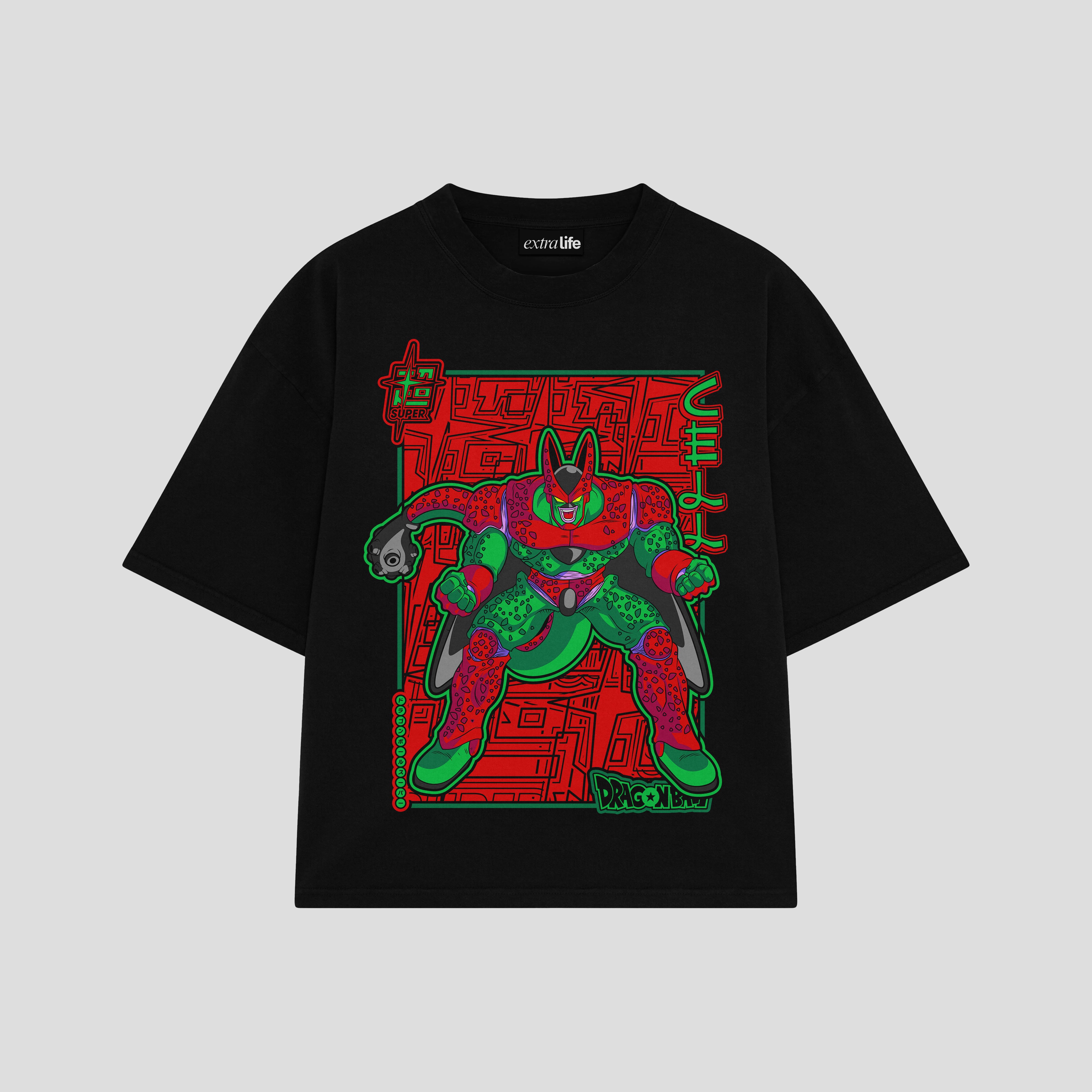 Playera streetwear premium de anime y gaming ExtraLife MX, corte boxy oversized drop shoulder heavyweight en color Deep Black y Off-White, moda urbana mexicana de culto.